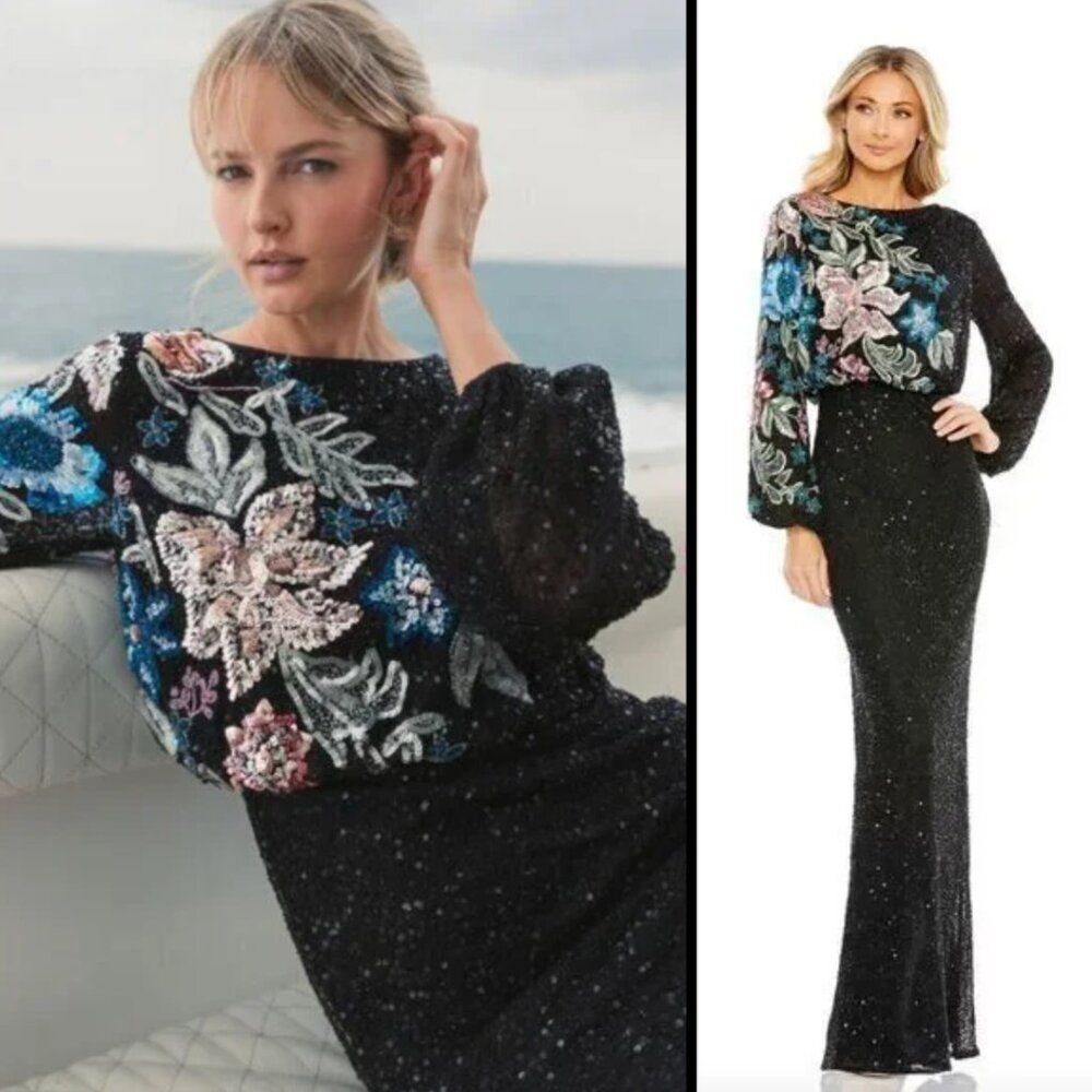 Mac Duggal 5615 Size 18 Black Pink Floral High‎ Neck Long Sleeve Gown Maxi Dress